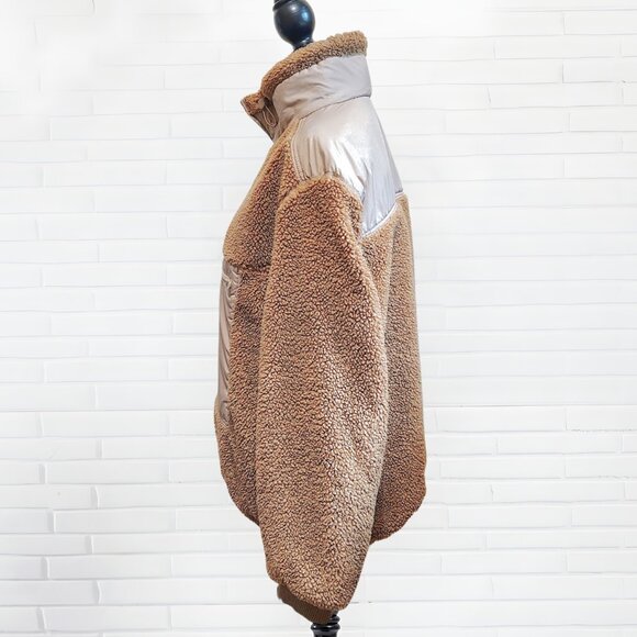 H&M Brown Sherpa Fleece Half-Zip Pullover Jacket | Oversized Teddy Zip Pocket - Picture 5 of 9